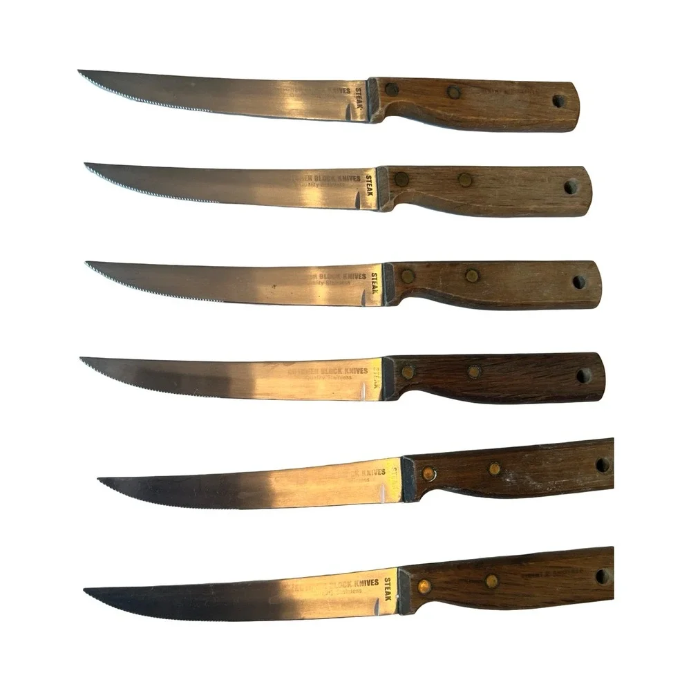 Vintage Butcher Block Knives Set of 6 Steak Knives Serrated Wood Handle Riveted